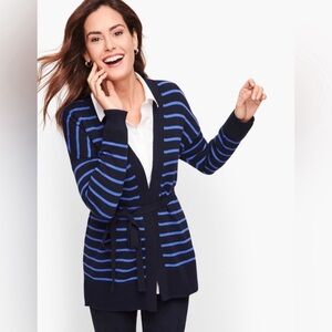 Talbots Navy Blue Stripe Wrap Cardigan Sweater L 100% Cotton